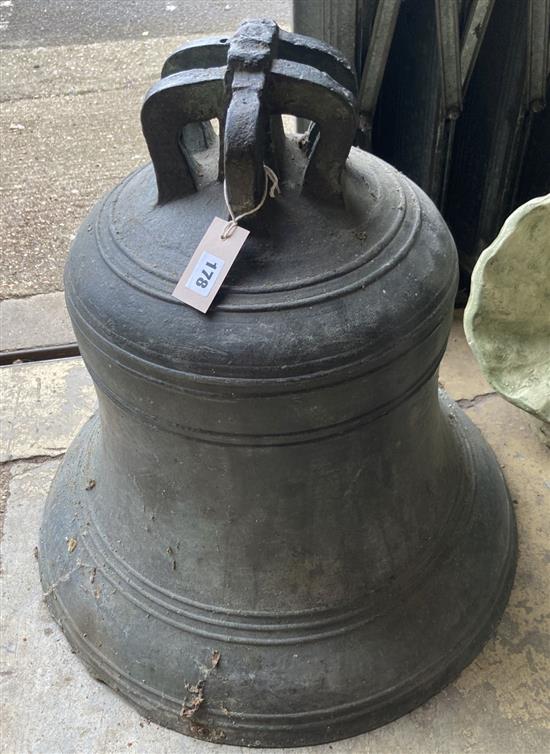 A large Victorian cast bronze bell marked Thomas Mears of London, Founded 1866 (no clapper), height 58cm